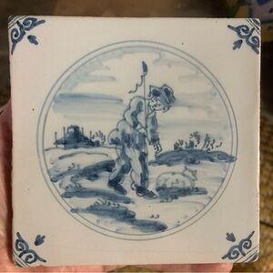 *SALE* Dutch Delft Blue TILE Royal Tichelaan Makkum shepherd, sheep in landscape